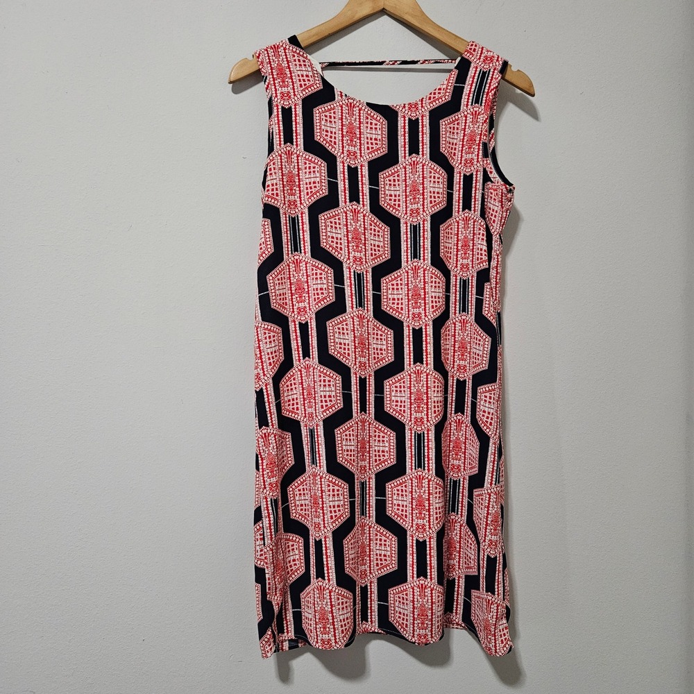 Newbury Kustom Geometric Hexagon Print Open Back Mini Shift Dress Red Navy Small